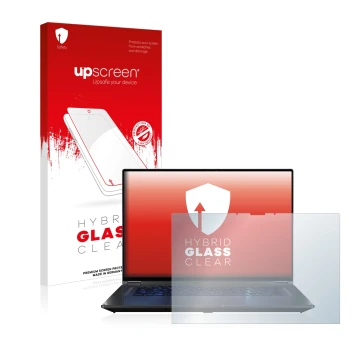 Face avant d’un emballage produit avec le logo de la marque upscreen. À côté, l’appareil ASUS ROG Flow X16 est représenté avec