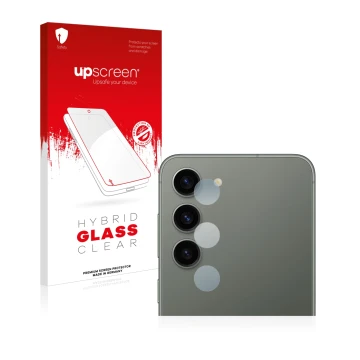 Face avant d’un emballage produit avec le logo de la marque upscreen. À côté, l’appareil Samsung Galaxy S23 (Caméra UNIQUEMENT