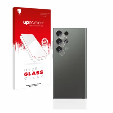 Face avant d’un emballage produit avec le logo de la marque upscreen. À côté, l’appareil Samsung Galaxy S23 Ultra (Caméra UNIQ