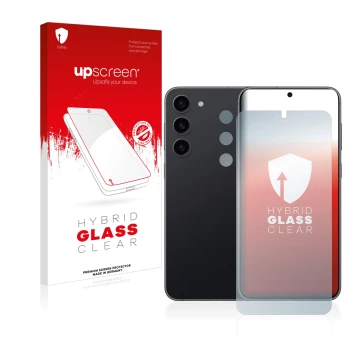 Face avant d’un emballage produit avec le logo de la marque upscreen. À côté, l’appareil Samsung Galaxy S23 Plus (Avant+Caméra