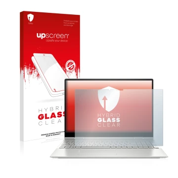 Face avant d’un emballage produit avec le logo de la marque upscreen. À côté, l’appareil HP Envy x360 2-in-1 15-ew est représe
