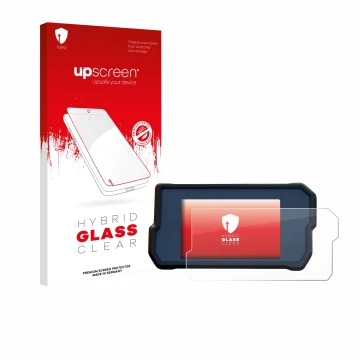 Face avant d’un emballage produit avec le logo de la marque upscreen. À côté, l’appareil KTM 390 Duke 2019 est représenté avec