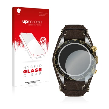 Face avant d’un emballage produit avec le logo de la marque upscreen. À côté, l’appareil Tudor Black Bay Chrono 41mm est repré