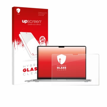 Face avant d’un emballage produit avec le logo de la marque upscreen. À côté, l’appareil Apple MacBook Pro 14