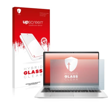 Face avant d’un emballage produit avec le logo de la marque upscreen. À côté, l’appareil HP EliteBook 650 G9 est représenté av