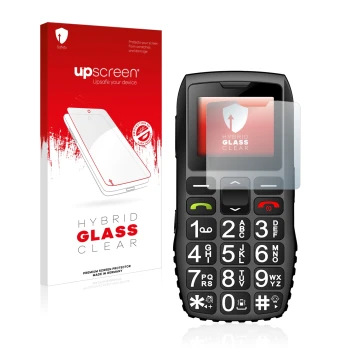 Face avant d’un emballage produit avec le logo de la marque upscreen. À côté, l’appareil artfone C1 + est représenté avec la p