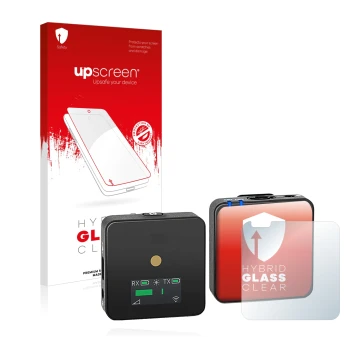 Face avant d’un emballage produit avec le logo de la marque upscreen. À côté, l’appareil Rode Wireless GO II est représenté av