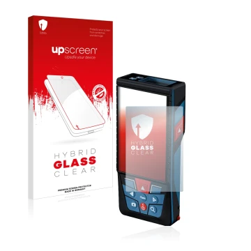 Face avant d’un emballage produit avec le logo de la marque upscreen. À côté, l’appareil Bosch GLM 150-27c est représenté avec