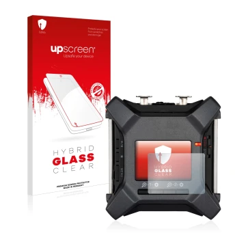 Face avant d’un emballage produit avec le logo de la marque upscreen. À côté, l’appareil Zoom F3 field recorder est représenté