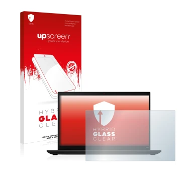 Face avant d’un emballage produit avec le logo de la marque upscreen. À côté, l’appareil Lenovo ThinkPad L15 Gen 3 est représe