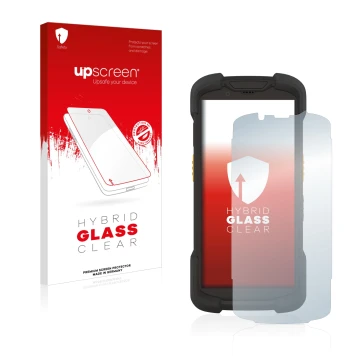 Face avant d’un emballage produit avec le logo de la marque upscreen. À côté, l’appareil Zebra TC73 est représenté avec la pro