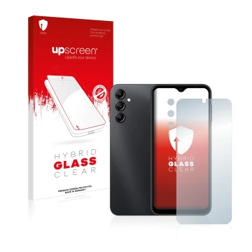 Face avant d’un emballage produit avec le logo de la marque upscreen. À côté, l’appareil Samsung Galaxy A14 5G (Avant+Caméra) 