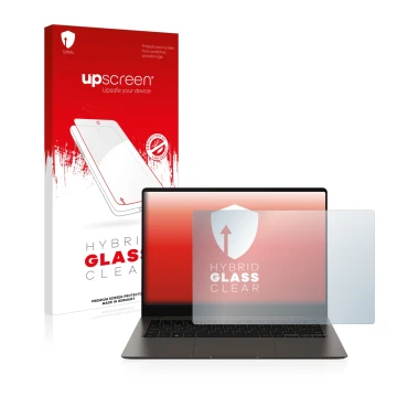 Face avant d’un emballage produit avec le logo de la marque upscreen. À côté, l’appareil Samsung Galaxy Book3 Pro 14
