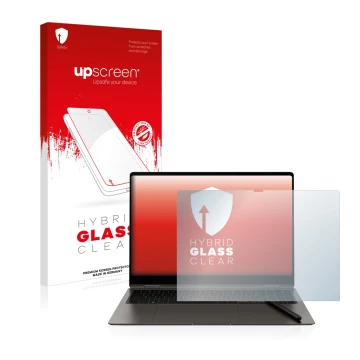 Face avant d’un emballage produit avec le logo de la marque upscreen. À côté, l’appareil Samsung Galaxy Book3 Pro 360 16