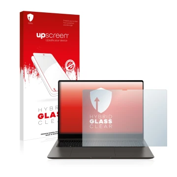 Face avant d’un emballage produit avec le logo de la marque upscreen. À côté, l’appareil Samsung Galaxy Book3 Ultra 16