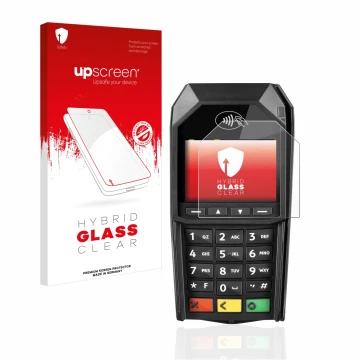 Face avant d’un emballage produit avec le logo de la marque upscreen. À côté, l’appareil ingenico Desk/1600 est représenté ave