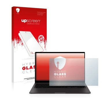 Face avant d’un emballage produit avec le logo de la marque upscreen. À côté, l’appareil Samsung Galaxy Book2 15.6