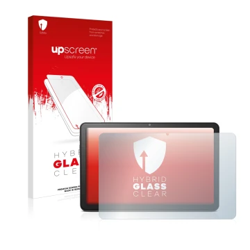 Face avant d’un emballage produit avec le logo de la marque upscreen. À côté, l’appareil Doro Tablet 10.4