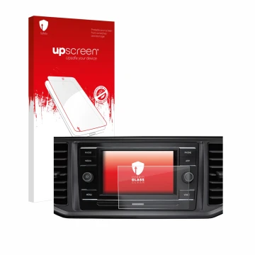 Face avant d’un emballage produit avec le logo de la marque upscreen. À côté, l’appareil Volkswagen Crafter Composition Colour