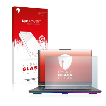 Face avant d’un emballage produit avec le logo de la marque upscreen. À côté, l’appareil ASUS ROG Strix G18 G814 2023 est repr