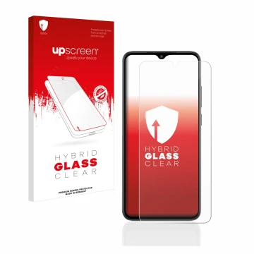 Face avant d’un emballage produit avec le logo de la marque upscreen. À côté, l’appareil Xiaomi Redmi A2 est représenté avec l