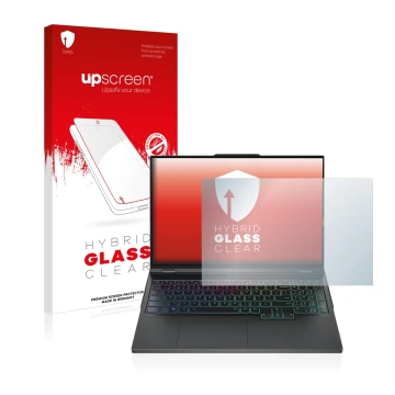 Face avant d’un emballage produit avec le logo de la marque upscreen. À côté, l’appareil Lenovo Legion Pro 7 16