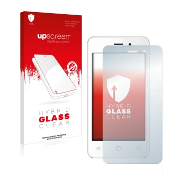 Face avant d’un emballage produit avec le logo de la marque upscreen. À côté, l’appareil NUU Mobile A1 est représenté avec la 