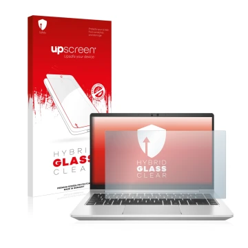 Face avant d’un emballage produit avec le logo de la marque upscreen. À côté, l’appareil HP ProBook 445 G8 est représenté avec