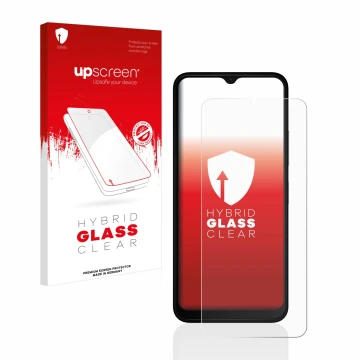 Face avant d’un emballage produit avec le logo de la marque upscreen. À côté, l’appareil Nokia C32 est représenté avec la prot