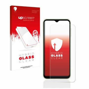 Face avant d’un emballage produit avec le logo de la marque upscreen. À côté, l’appareil Samsung Galaxy A14 4G est représenté 