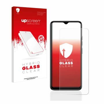 Face avant d’un emballage produit avec le logo de la marque upscreen. À côté, l’appareil Tecno Spark Go 2023 est représenté av