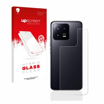 Face avant d’un emballage produit avec le logo de la marque upscreen. À côté, l’appareil Xiaomi 13 (Arrière) est représenté av