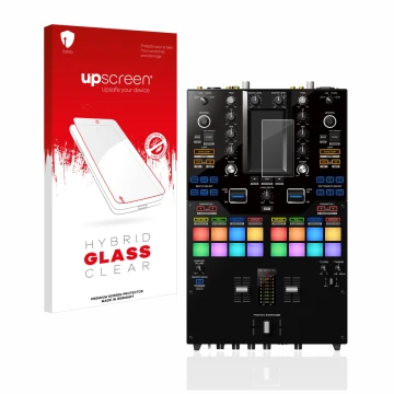 Face avant d’un emballage produit avec le logo de la marque upscreen. À côté, l’appareil Pioneer DJM-S11 est représenté avec l