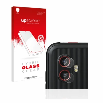 Face avant d’un emballage produit avec le logo de la marque upscreen. À côté, l’appareil Samsung Galaxy XCover 6 Pro Enterpris
