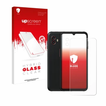 Face avant d’un emballage produit avec le logo de la marque upscreen. À côté, l’appareil Samsung Galaxy XCover 6 Pro Enterpris