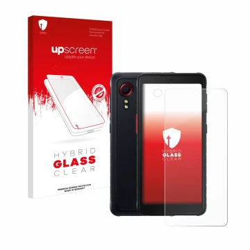 Face avant d’un emballage produit avec le logo de la marque upscreen. À côté, l’appareil Samsung Galaxy XCover 5 Enterprise Ed