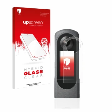 Face avant d’un emballage produit avec le logo de la marque upscreen. À côté, l’appareil Ricoh Theta X est représenté avec la 