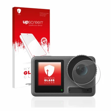 Face avant d’un emballage produit avec le logo de la marque upscreen. À côté, l’appareil DJI Osmo Action 3 (Lentille) est repr