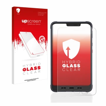 Face avant d’un emballage produit avec le logo de la marque upscreen. À côté, l’appareil Samsung Galaxy Tab Active 3 Enterpris