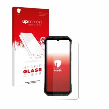 Face avant d’un emballage produit avec le logo de la marque upscreen. À côté, l’appareil Doogee S100 est représenté avec la pr