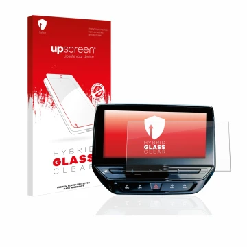 Face avant d’un emballage produit avec le logo de la marque upscreen. À côté, l’appareil Volkswagen ID.5 Discover Pro 12