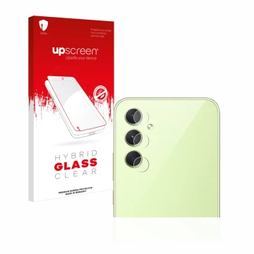 Face avant d’un emballage produit avec le logo de la marque upscreen. À côté, l’appareil Samsung Galaxy A54 5G (Caméra UNIQUEM