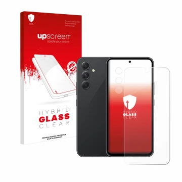 Face avant d’un emballage produit avec le logo de la marque upscreen. À côté, l’appareil Samsung Galaxy A54 5G (Avant+Caméra) 