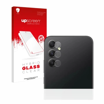 Face avant d’un emballage produit avec le logo de la marque upscreen. À côté, l’appareil Samsung Galaxy A34 5G (Caméra UNIQUEM