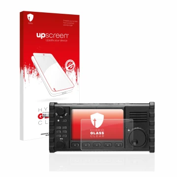 Face avant d’un emballage produit avec le logo de la marque upscreen. À côté, l’appareil Xiegu X6100 HF-Transceiver est représ