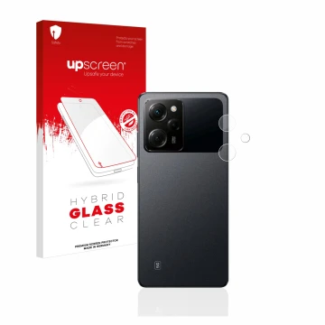 Face avant d’un emballage produit avec le logo de la marque upscreen. À côté, l’appareil Xiaomi Poco X5 Pro (Caméra UNIQUEMENT