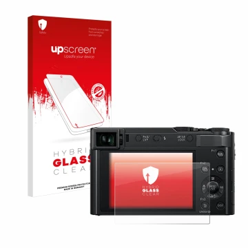 Face avant d’un emballage produit avec le logo de la marque upscreen. À côté, l’appareil Panasonic Lumix DC-TZ202D est représe