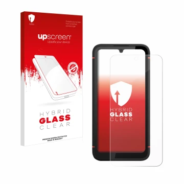 Face avant d’un emballage produit avec le logo de la marque upscreen. À côté, l’appareil Gigaset GX4 est représenté avec la pr