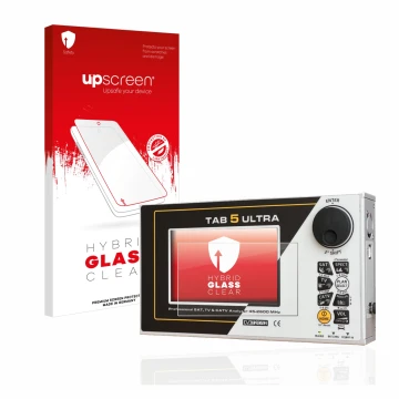 Face avant d’un emballage produit avec le logo de la marque upscreen. À côté, l’appareil Rover TAB 5 ULTRA est représenté avec