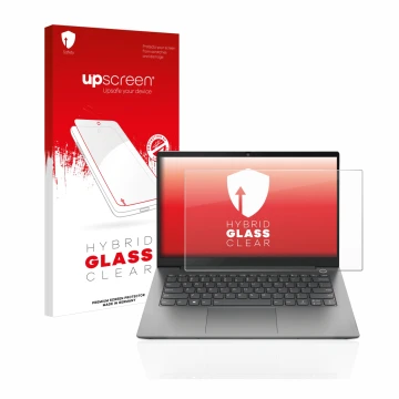 Face avant d’un emballage produit avec le logo de la marque upscreen. À côté, l’appareil Lenovo ThinkBook 14 Gen 4 est représe